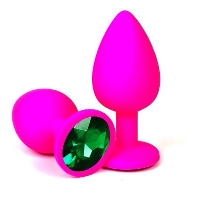 Розовая силиконовая пробка с зеленым кристаллом - 8,5 см.