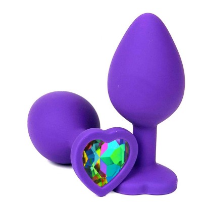 Фиолетовая силиконовая пробка с разноцветным кристаллом-сердечком - 8 см.